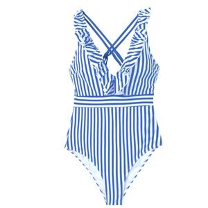 Cupshe Women's V Neck Ruffled Criss Cross Back One Piece Swimsuit Blue, XL